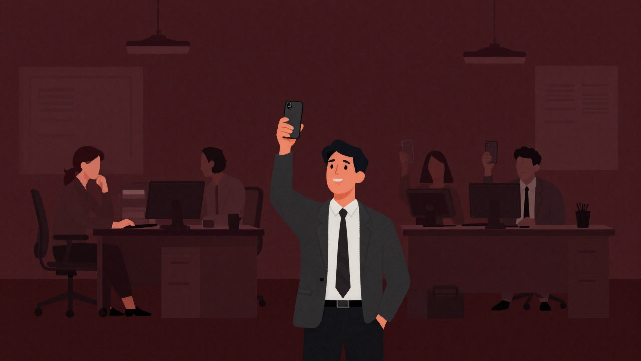 楽しそうにスマホを掲げ、良いニュースをシェアする同僚たちの背景に漂う微妙な緊張感を感じさせるイラスト