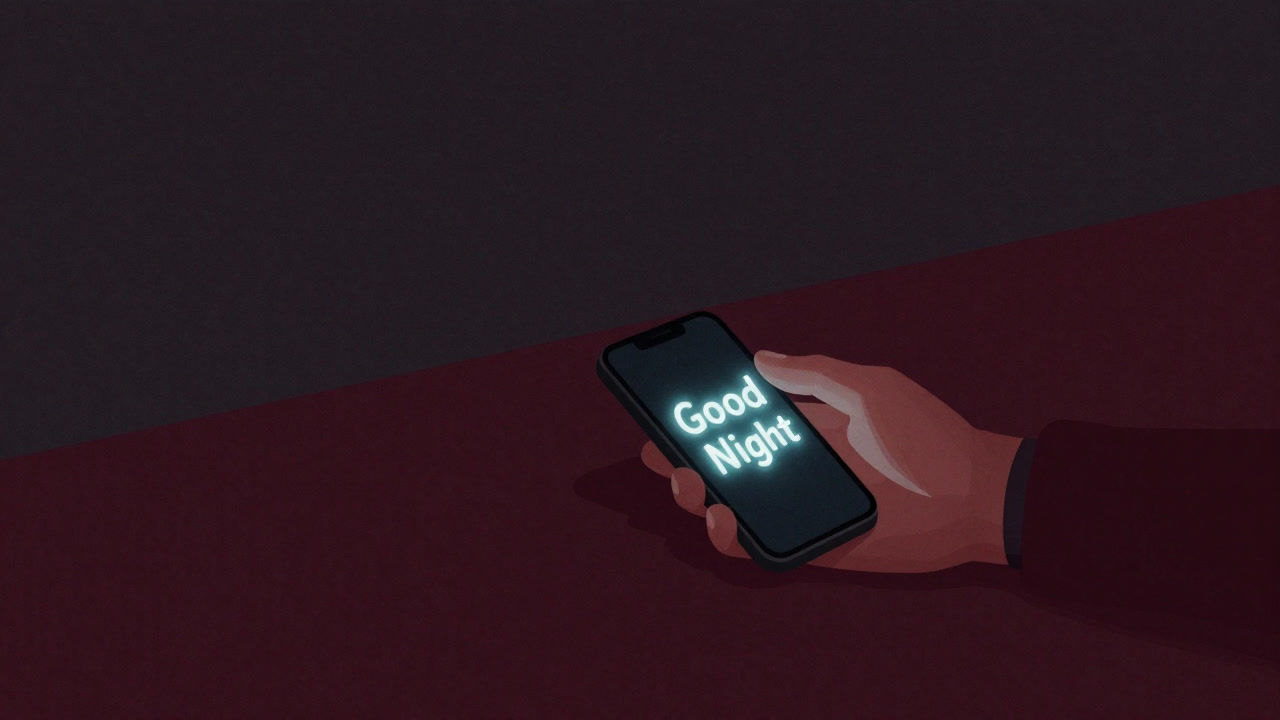 An illustration of a person leaning on their arms while looking at a smartphone screen glowing with the word 'Good Night'.