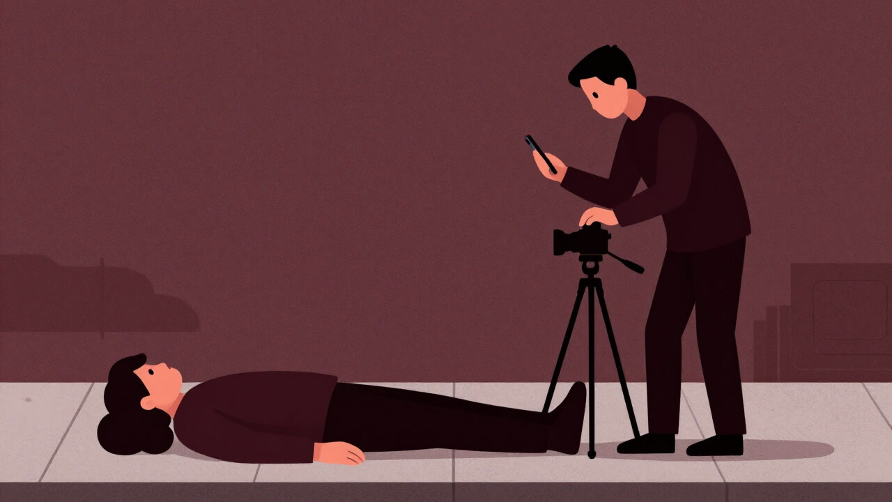 Illustration of a modern good Samaritan hovering over a fallen person while holding a smartphone and setting up a camera tripod