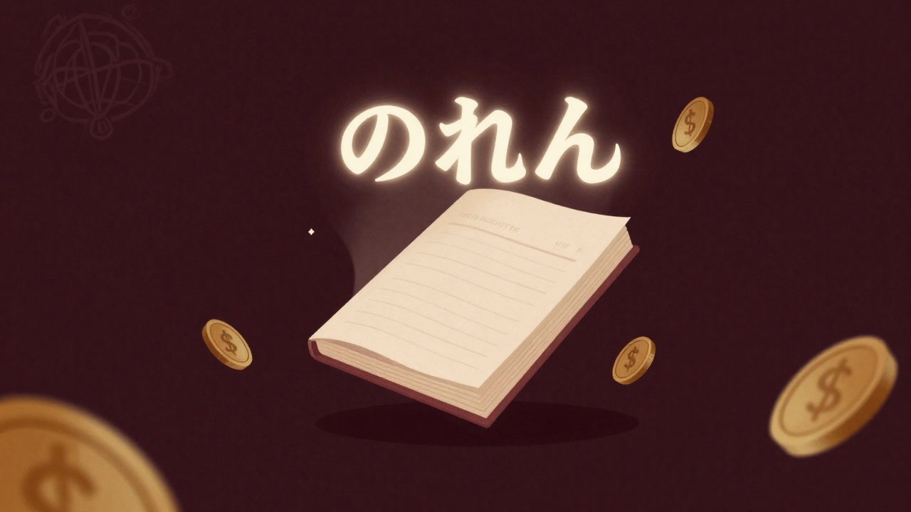 ぼんやりとした帳簿の上に幽霊のように浮かぶ「のれん」の文字と、周囲を飛び交う金貨のイメージ。