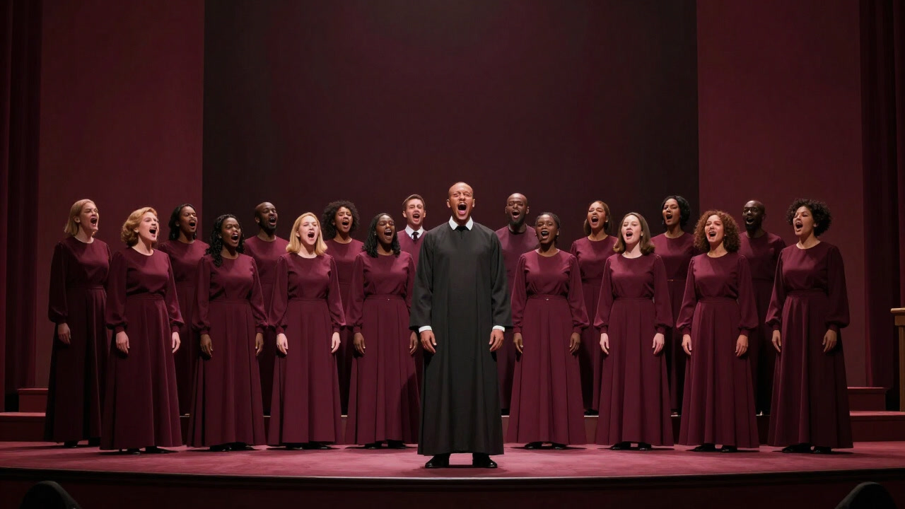 教会のステージを埋め尽くし、熱唱するゴスペルクワイアの写真。表情は崇高さと自己陶酔の狭間にある。