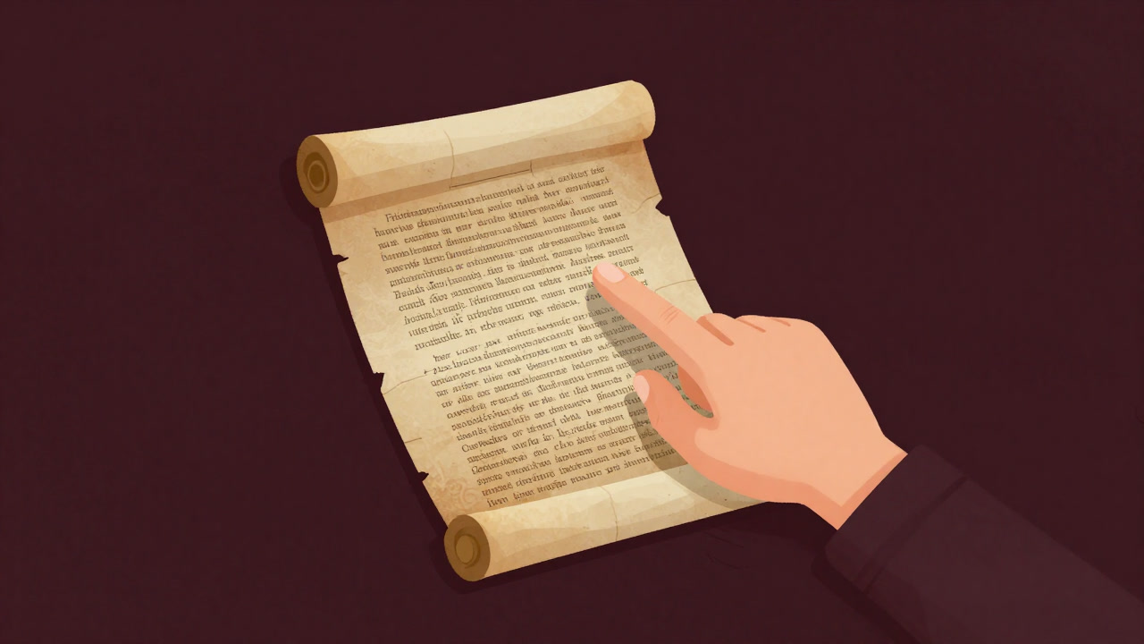 Illustration of a hand pointing at an old parchment scroll swirling with GPL clauses