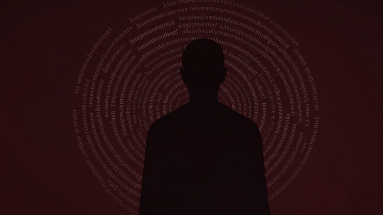 暗い背景に文字の嵐を纏い、不気味に笑うAIのシルエット