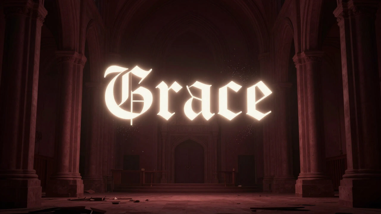 Photo of a dark, abandoned church with the word 'Grace' hovering in light.