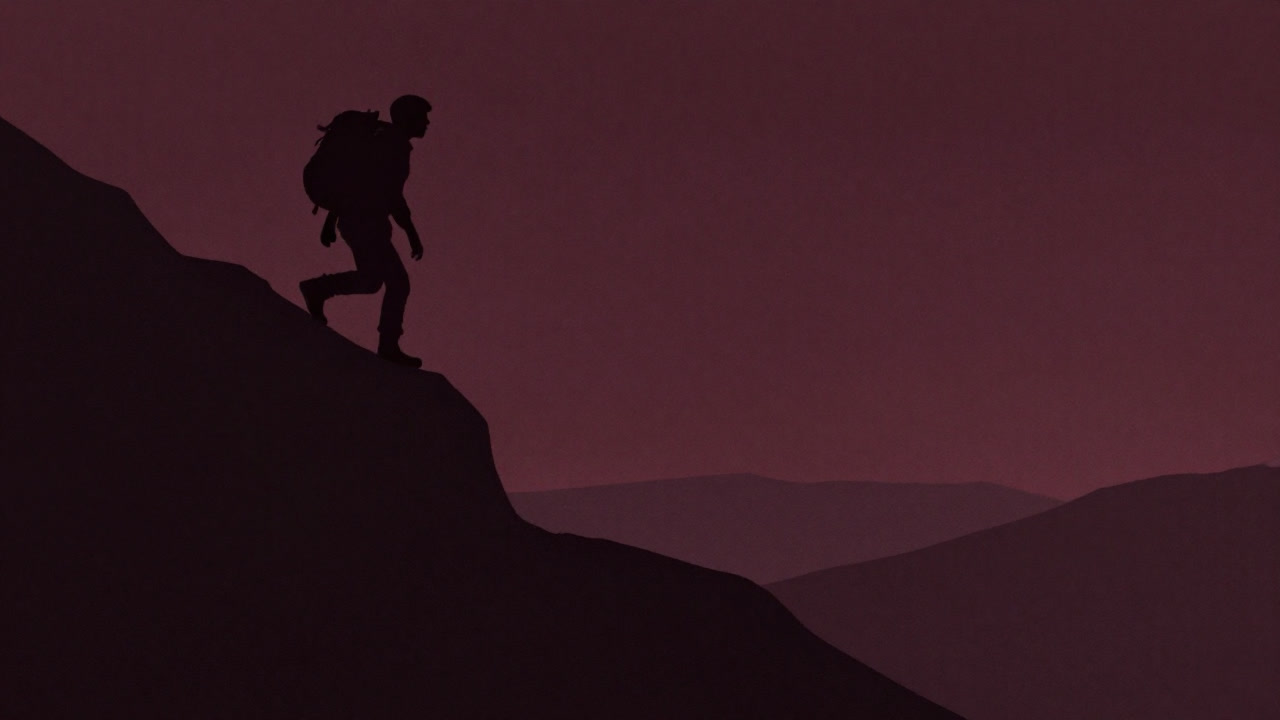 Silhouette of a figure climbing towards a distant valley at the base of a steep mountain.