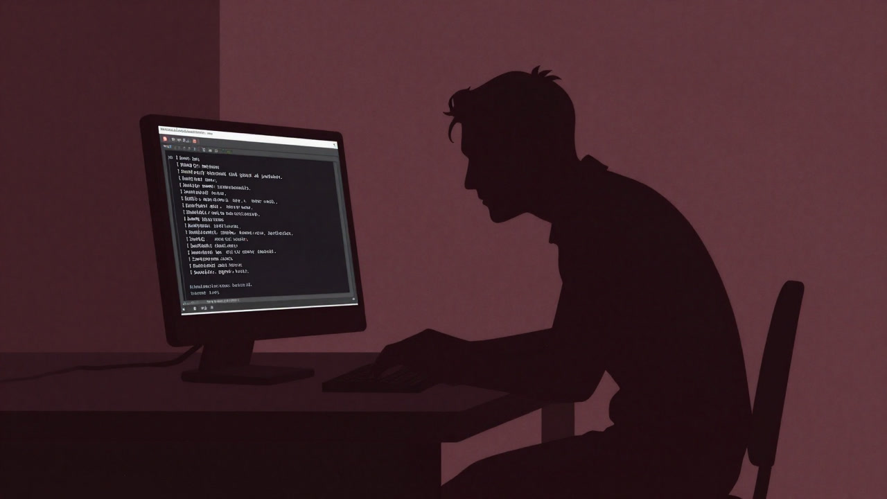 Silhouette of a developer frantically reading logs in front of a blinking terminal screen during build