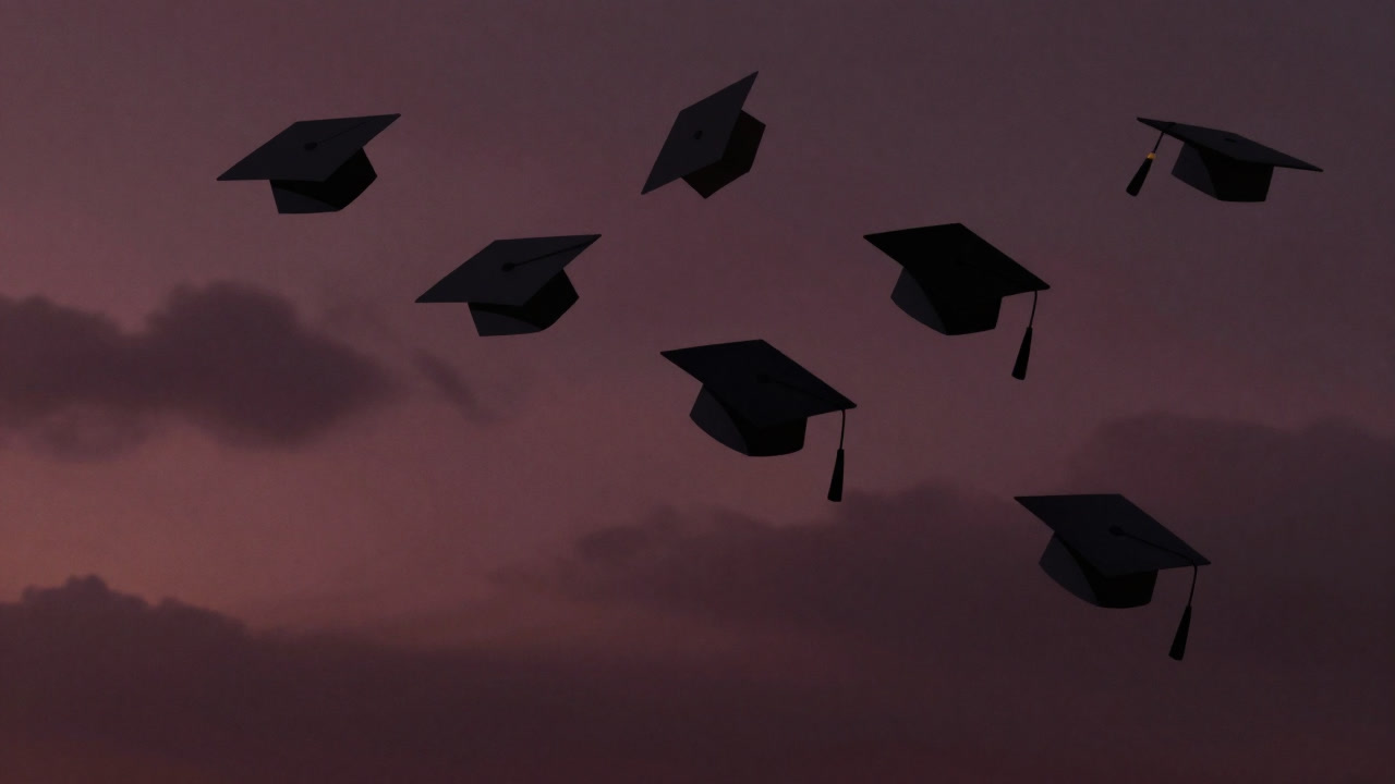 The moment of tossing graduation caps into the air symbolizing the end of youth, but a fog of anxiety looms in the background