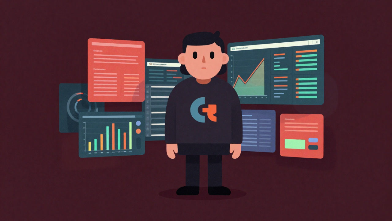 Illustration of a character wearing Grafana logo standing with vacant expression surrounded by colorful graph panels