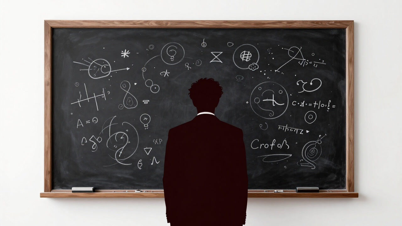 無数の抽象的な線と記号が渦巻く黒板の前で途方に暮れる教授のシルエットの画像