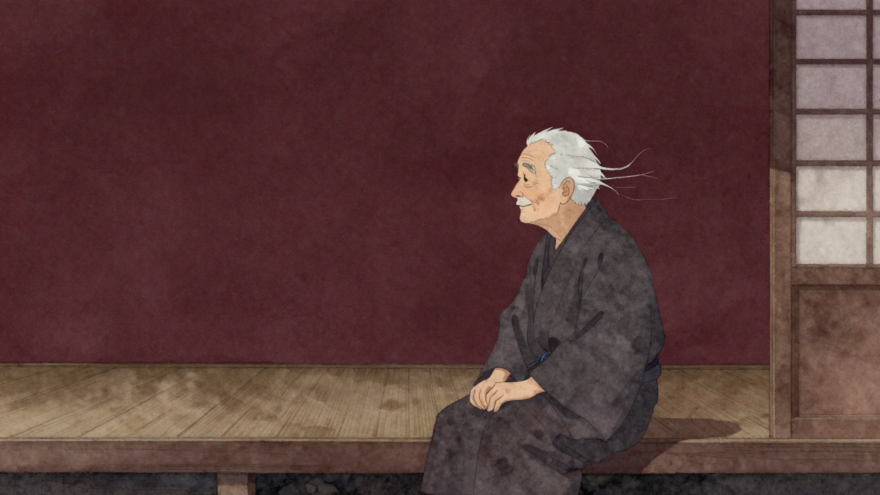 縁側に腰掛け、孫たちの声に微笑む白髪の老人のシルエット