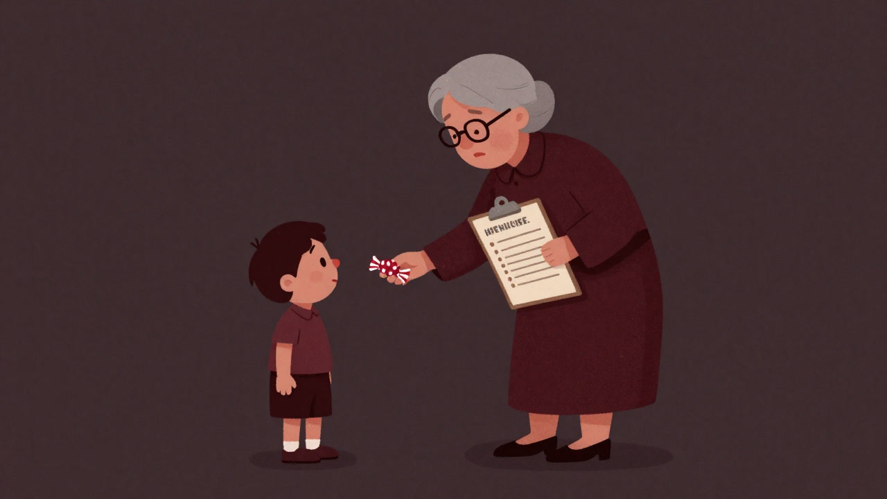 Illustration of a grandmother handing sweets to a grandchild while holding a notepad filled with a strict schedule.