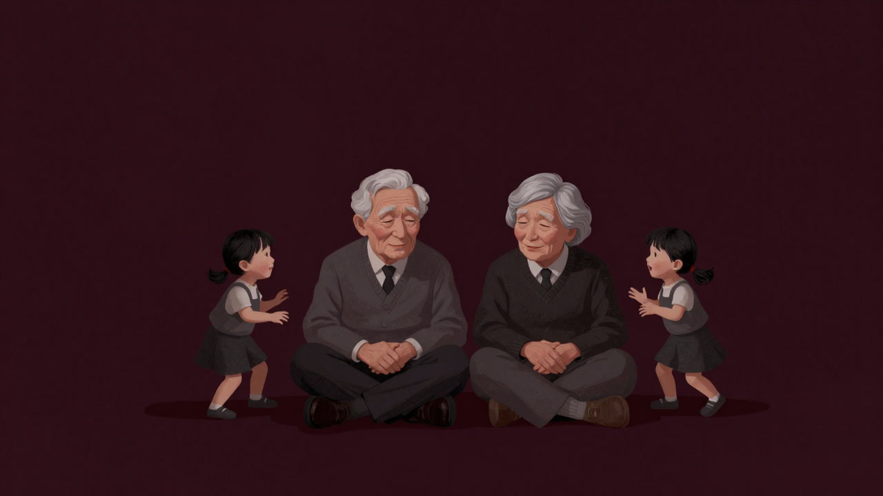 孫に囲まれながら疲れた表情で笑顔を振りまく祖父母の写真風イラスト