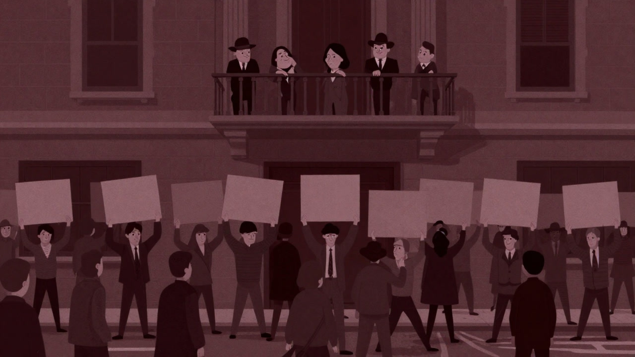 Satirical illustration of crowds holding placards in the street, while organizers watch from above.