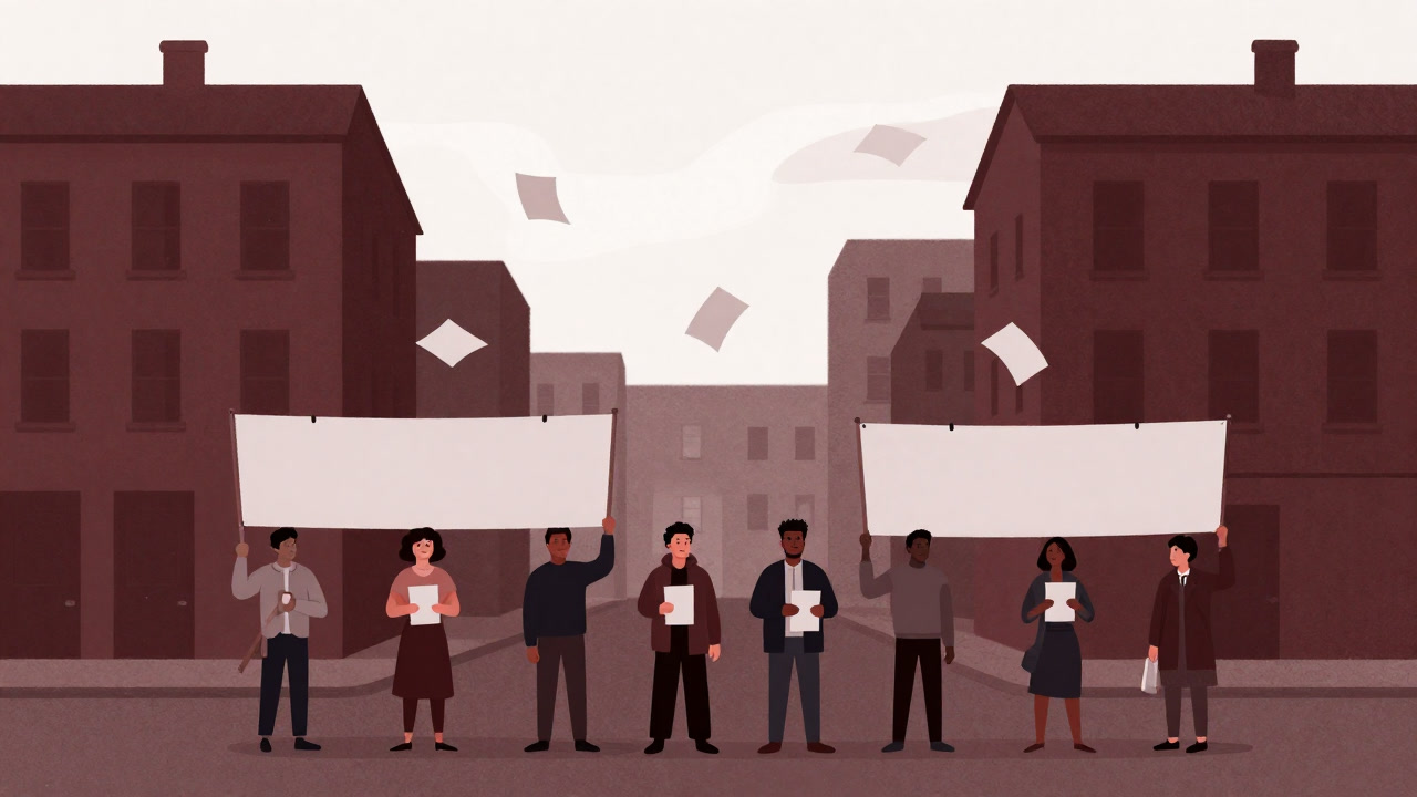 Illustration of a small group standing on a street with banners and leaflets.