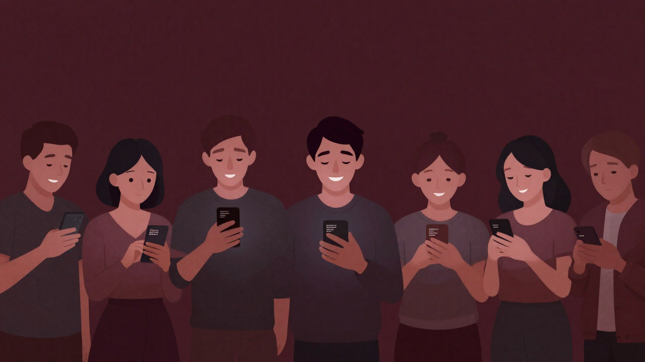 スマートフォンを手に、無理矢理笑顔を作っていいねを待つ人々のシルエット