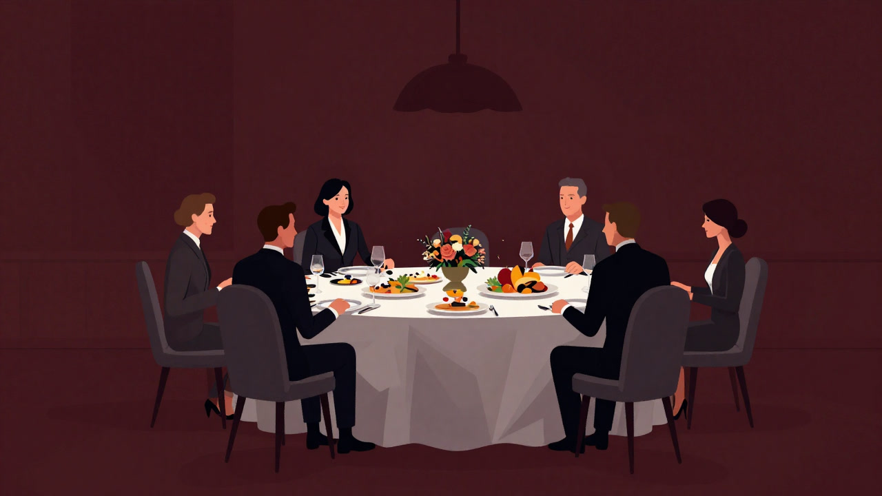 豪華に飾られたテーブルを囲み、無理やり笑顔を作る男女のシルエットの画像