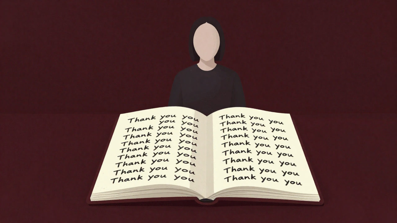 ノートにびっしりと「ありがとう」と書かれ、背景に無表情な顔をした人が佇むイラスト