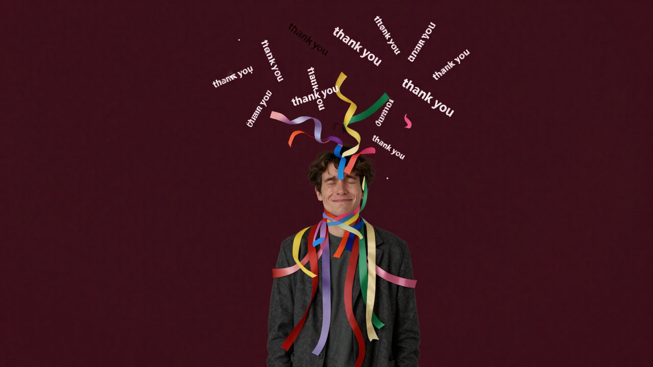 Illustration of a person buried under colorful ribbons and words of thanks, unable to move