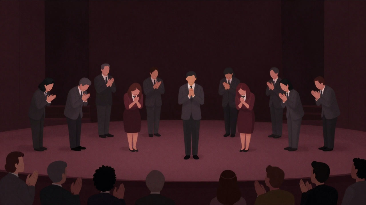 演壇の上で大勢が拍手を送りながら、薄っぺらな笑顔でお辞儀を重ねる感謝儀式の光景