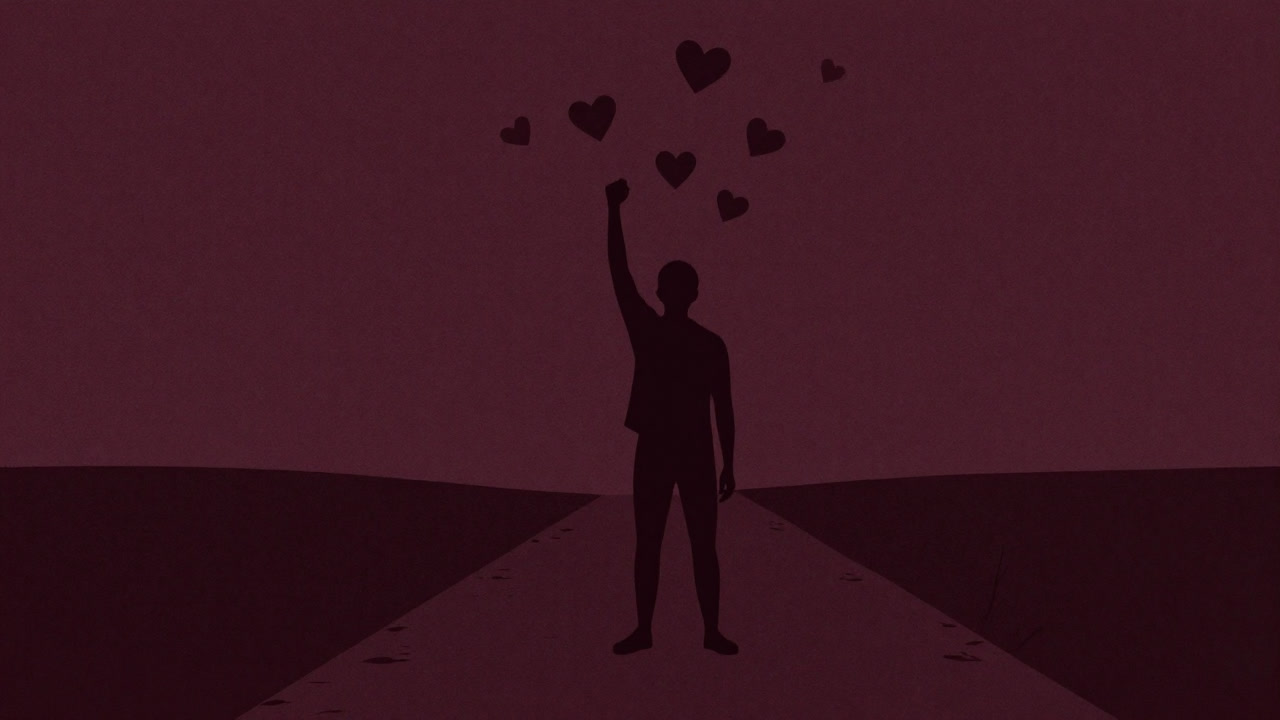 公園の小道を歩きながら空に向かって拳を突き上げる人のシルエット