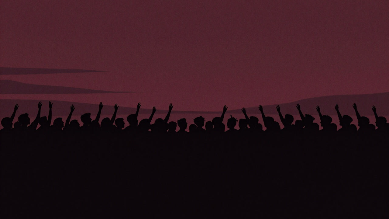 Silhouette of a crowd singing together in darkness before dawn