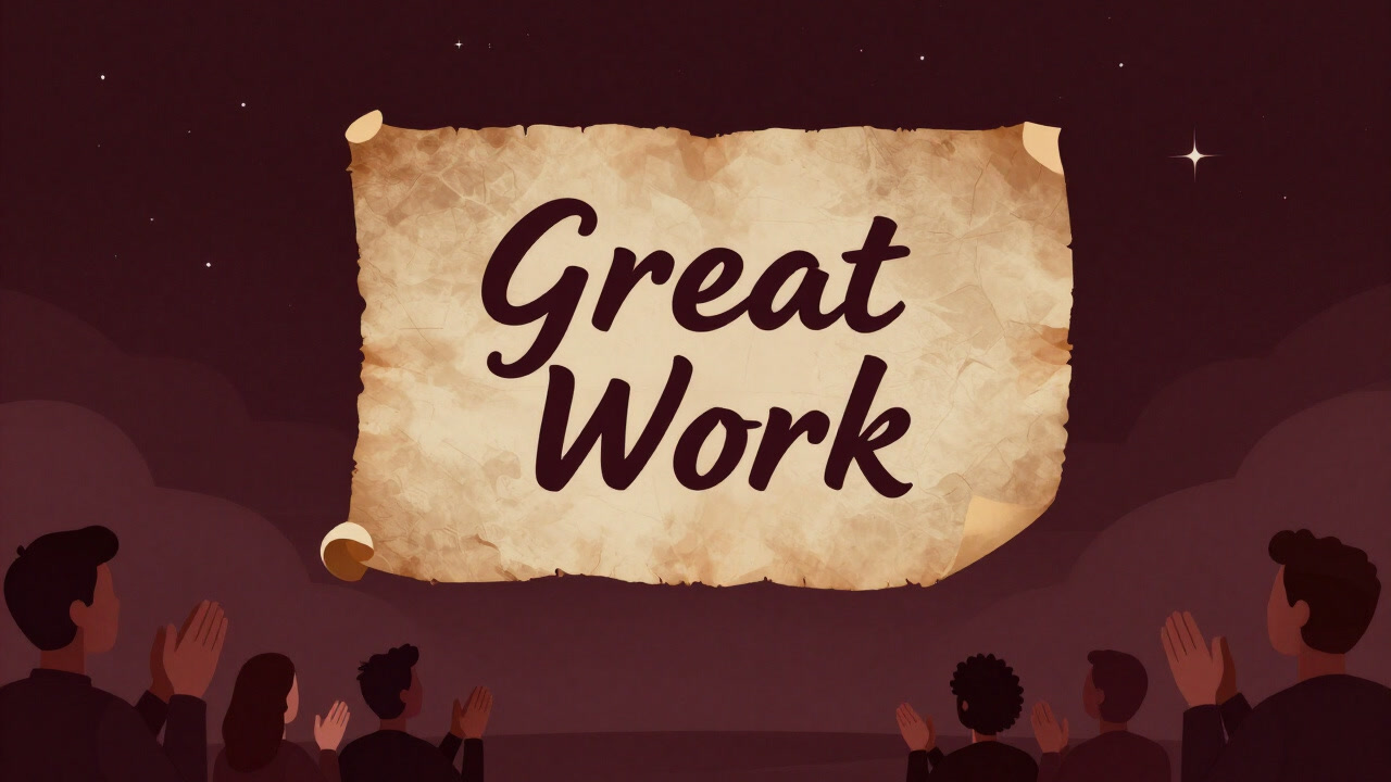 夜空に浮かぶ巨大な羊皮紙に『大いなる業』と書かれ、下では群衆が拍手を送るイラスト