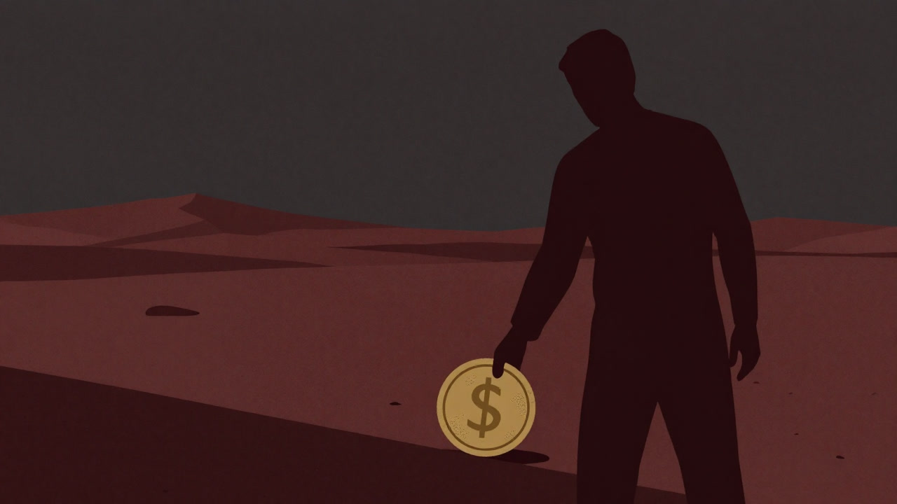 Silhouette reaching greedily for a coin in the foreground while ignoring a vast, barren desert beyond.