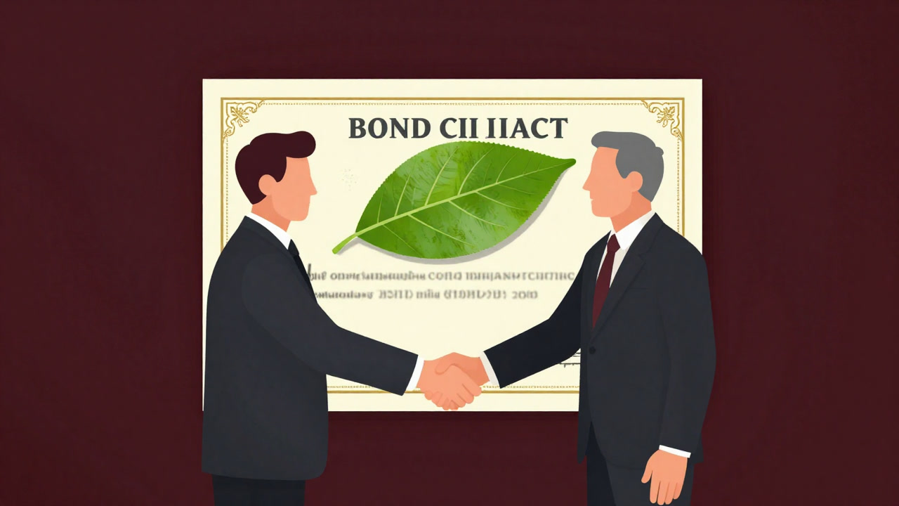 Illustration of business executives shaking hands while holding a bond certificate with a green label