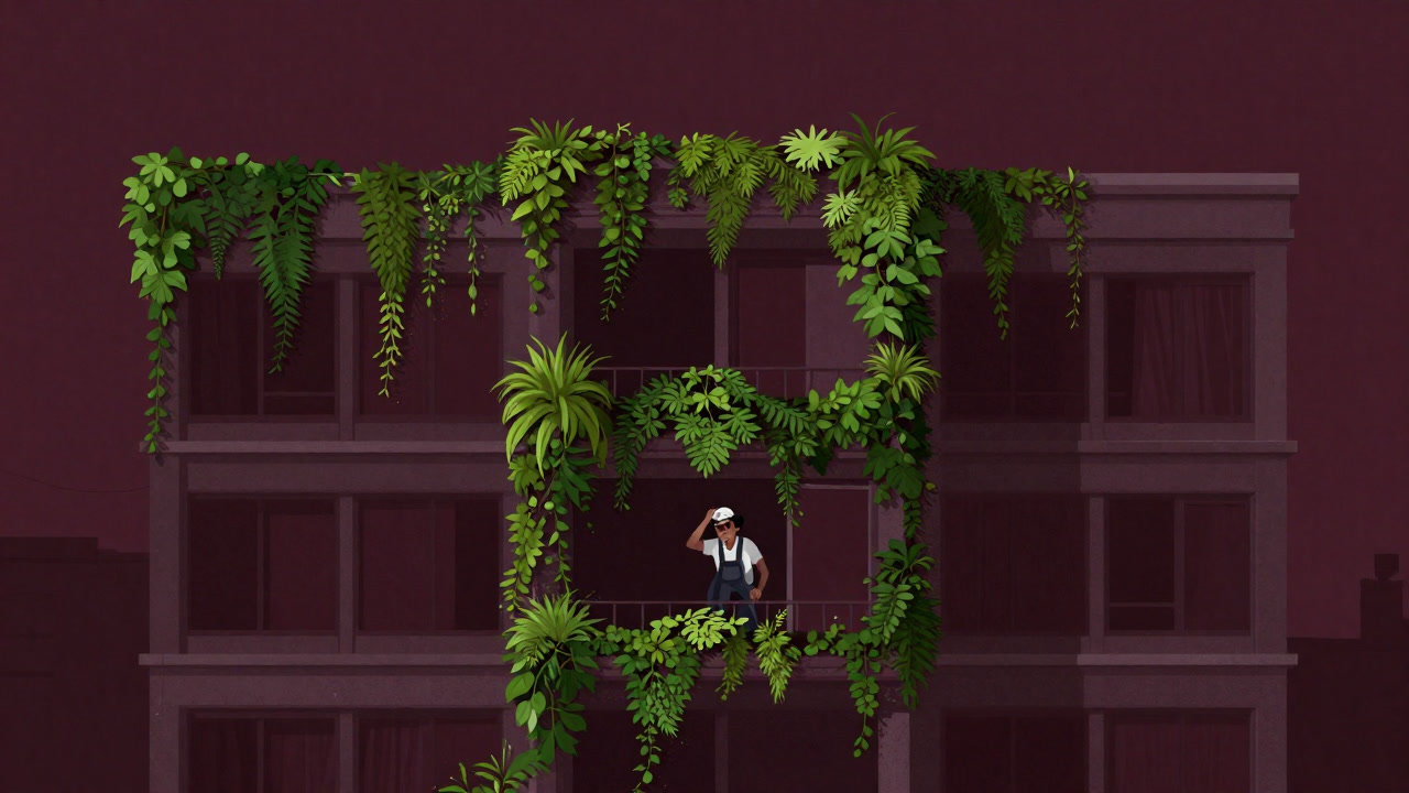 Image of a city center building façade awkwardly covered in green vegetation as if forcibly costumed