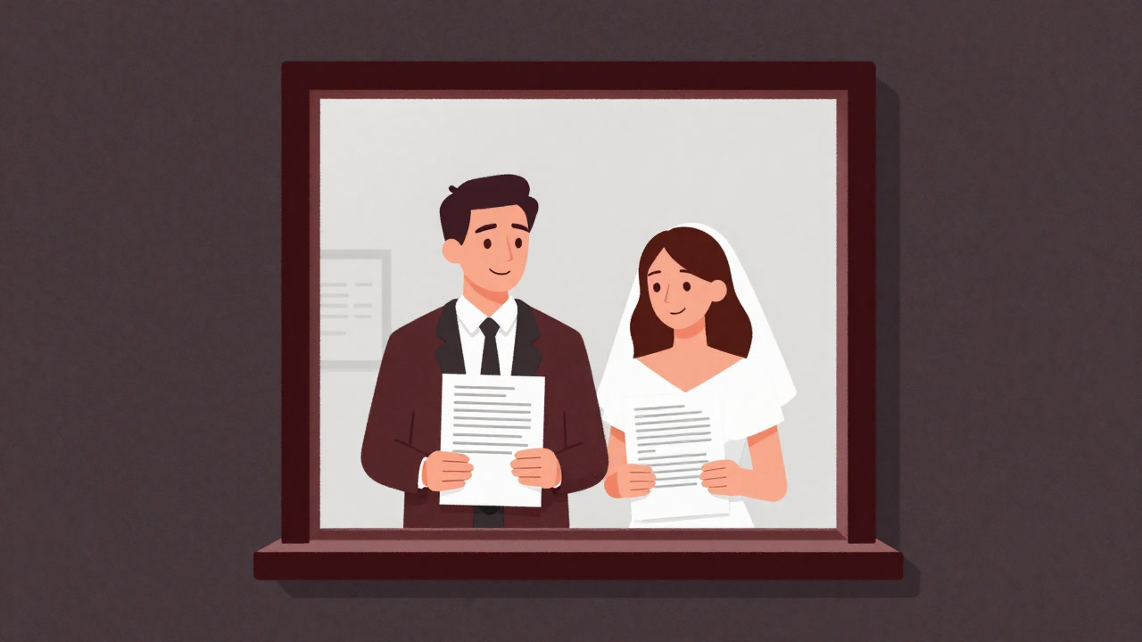 役所の窓口で、資料の束を抱えた新婚カップルが微妙な笑顔を浮かべているイラスト