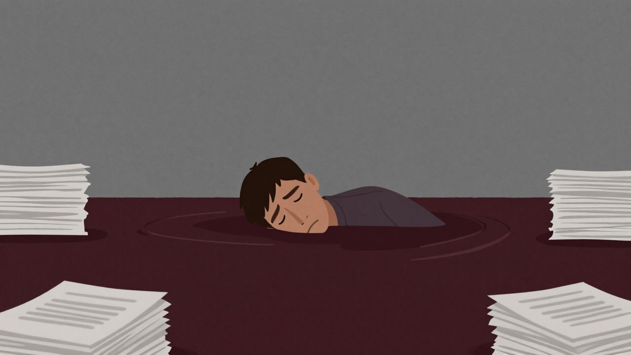 Illustration of an immigrant buried under countless documents, looking downcast.