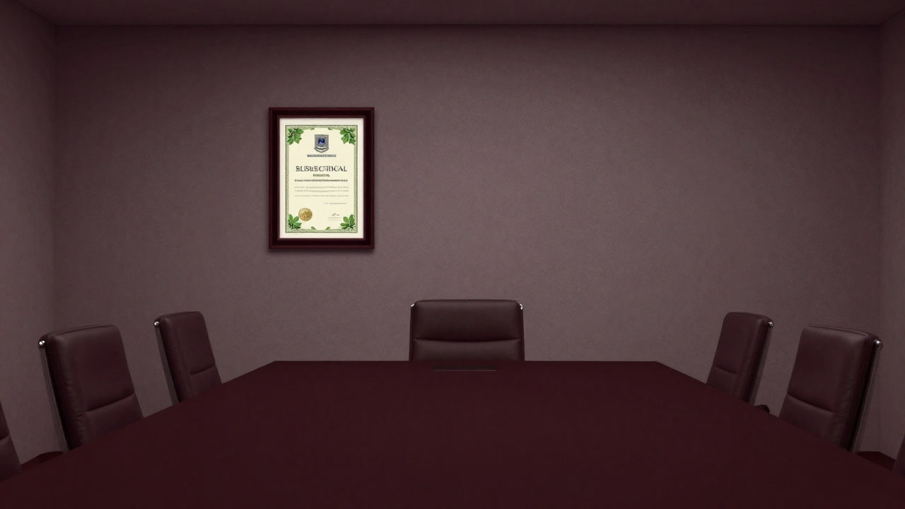 緑色の葉模様が描かれた証書が企業ロゴと並んで壁に飾られているオフィスの写真