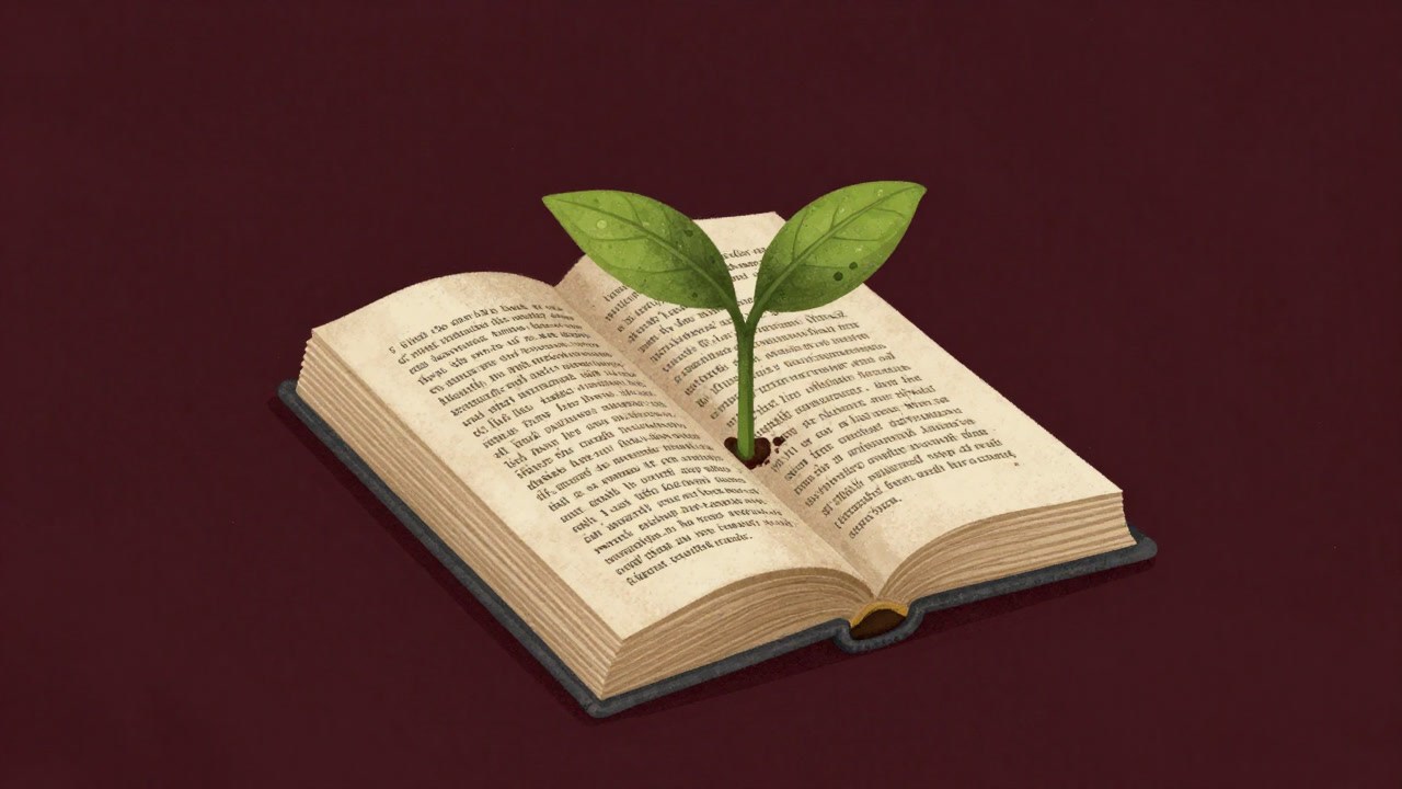 An illustration of a legal tome sprouting as a seedling against a backdrop of green leaves.