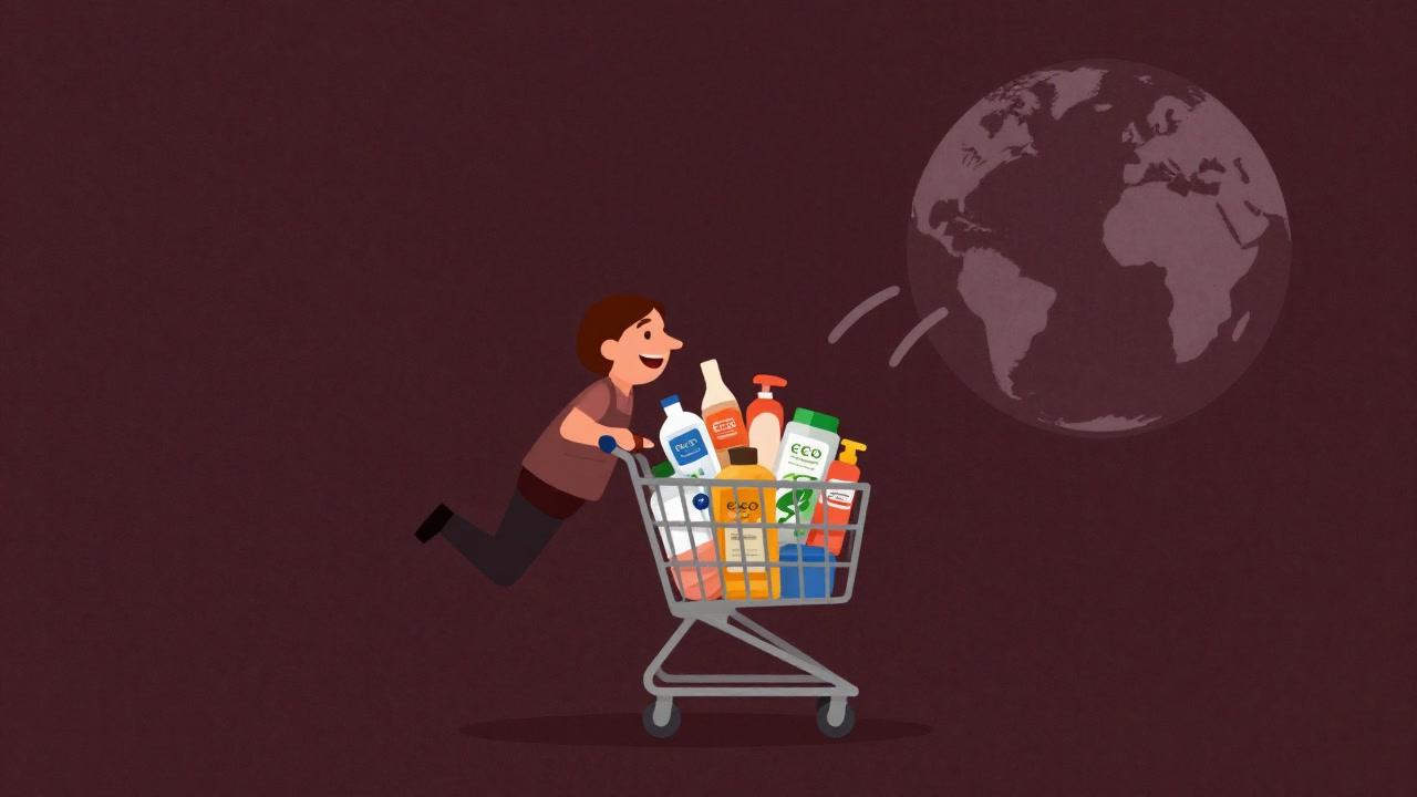 An illustration of a consumer piling products into a shopping cart with a satisfied expression