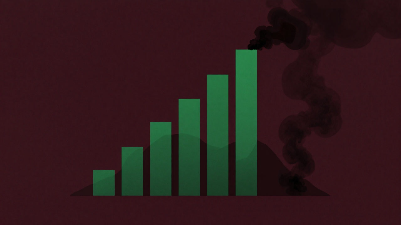 Illustration of green growth bar charts stacked up like mountains with smog rising beneath.