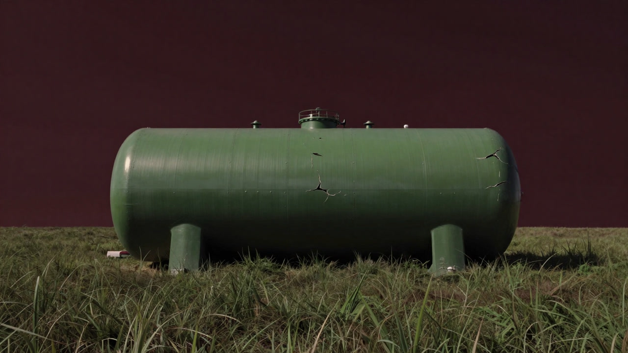 草原に置かれた巨大な緑色タンクが奇妙に浮くイメージ