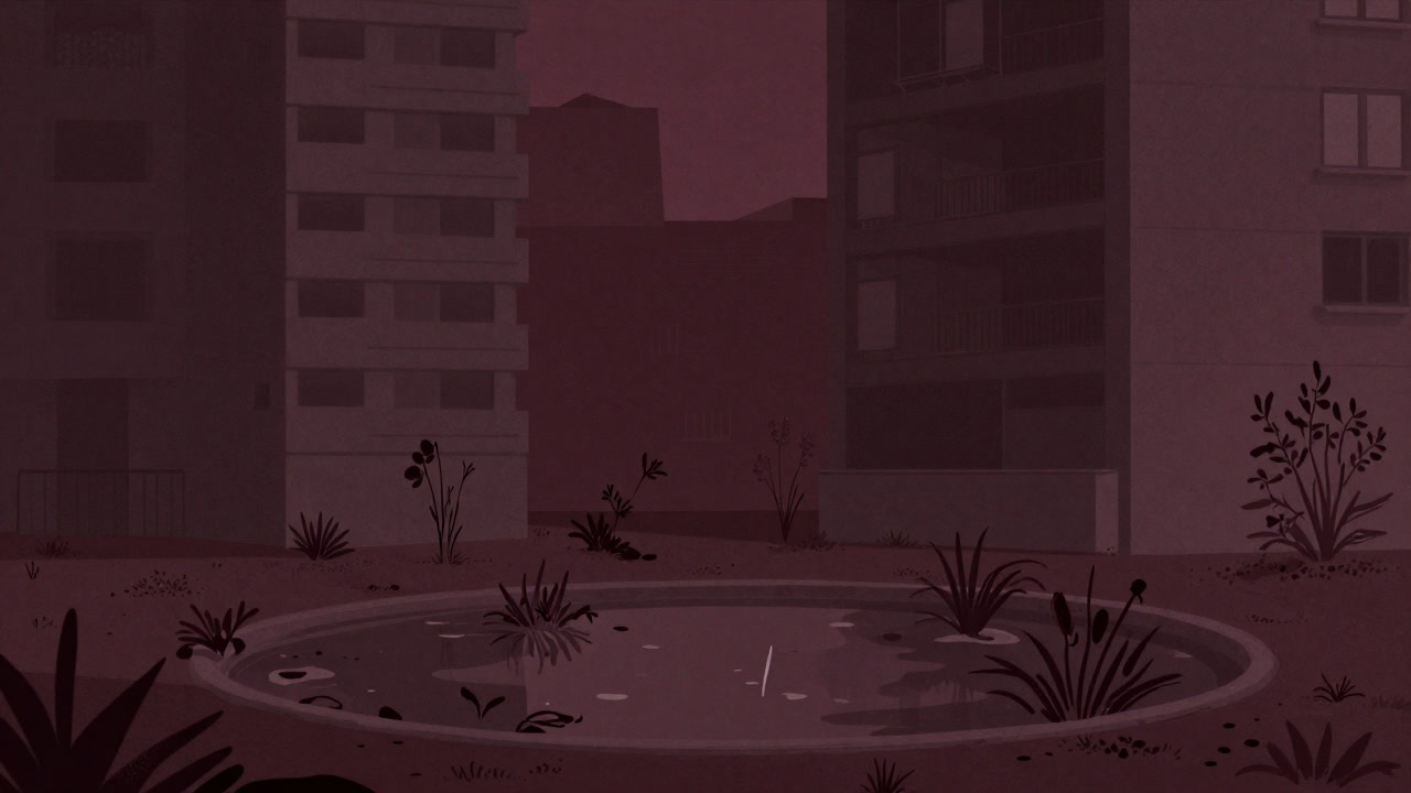 ビルの谷間に無理やり設けられたくぼ地に水たまりと枯れかけの植物が並ぶ風景