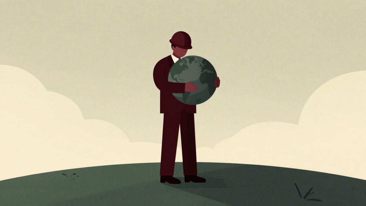 Illustration of a businessman wearing a hard hat hugging a globe while standing on a scenic green hill