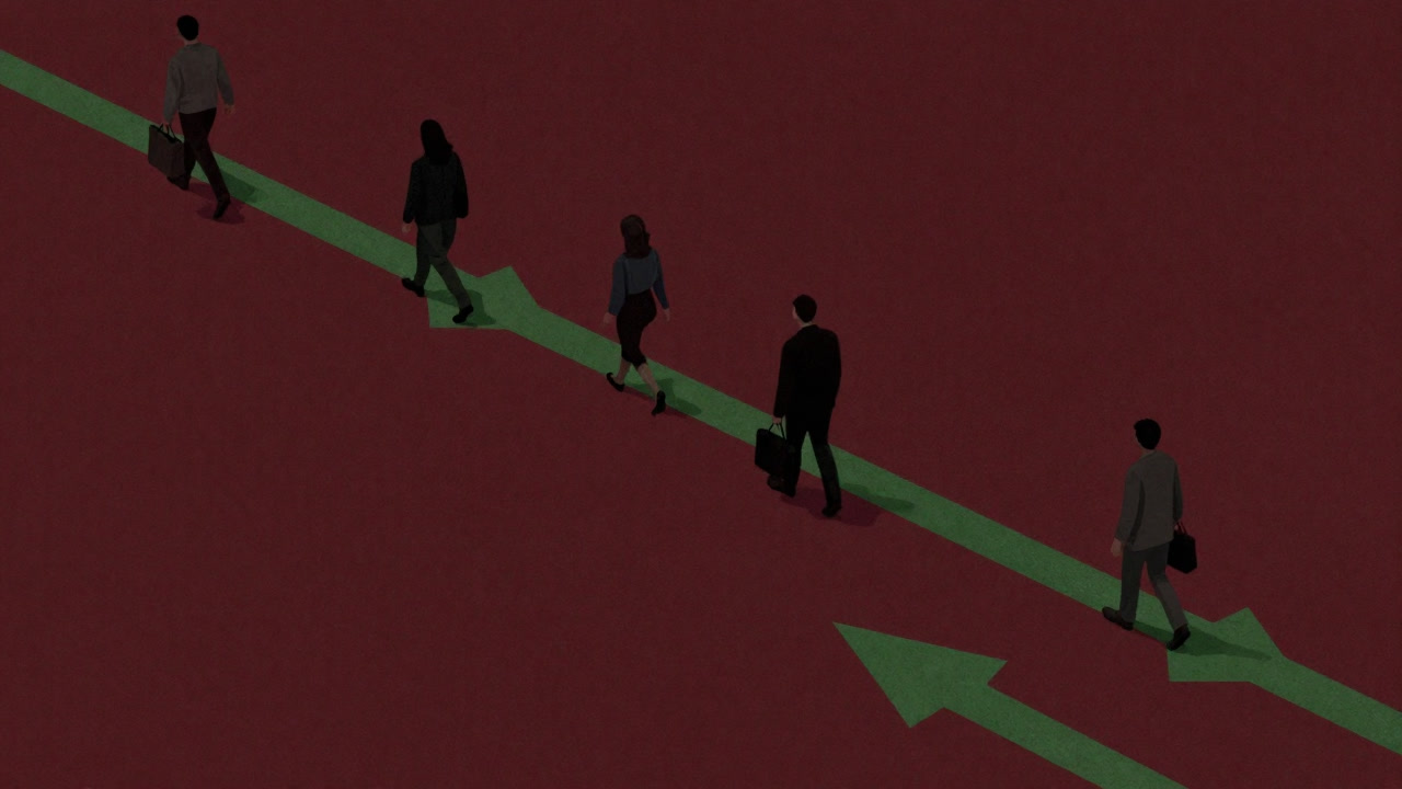 スーパーの床に貼られた緑色の矢印に従って歩く人々のイラスト