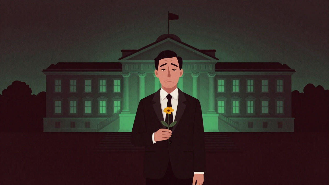 Illustration of a politician holding a flower with vacant expression in front of a parliament building lit in green