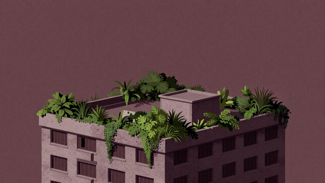 A building rooftop forcibly covered with weeds and plants, proclaiming its green virtue like a banner