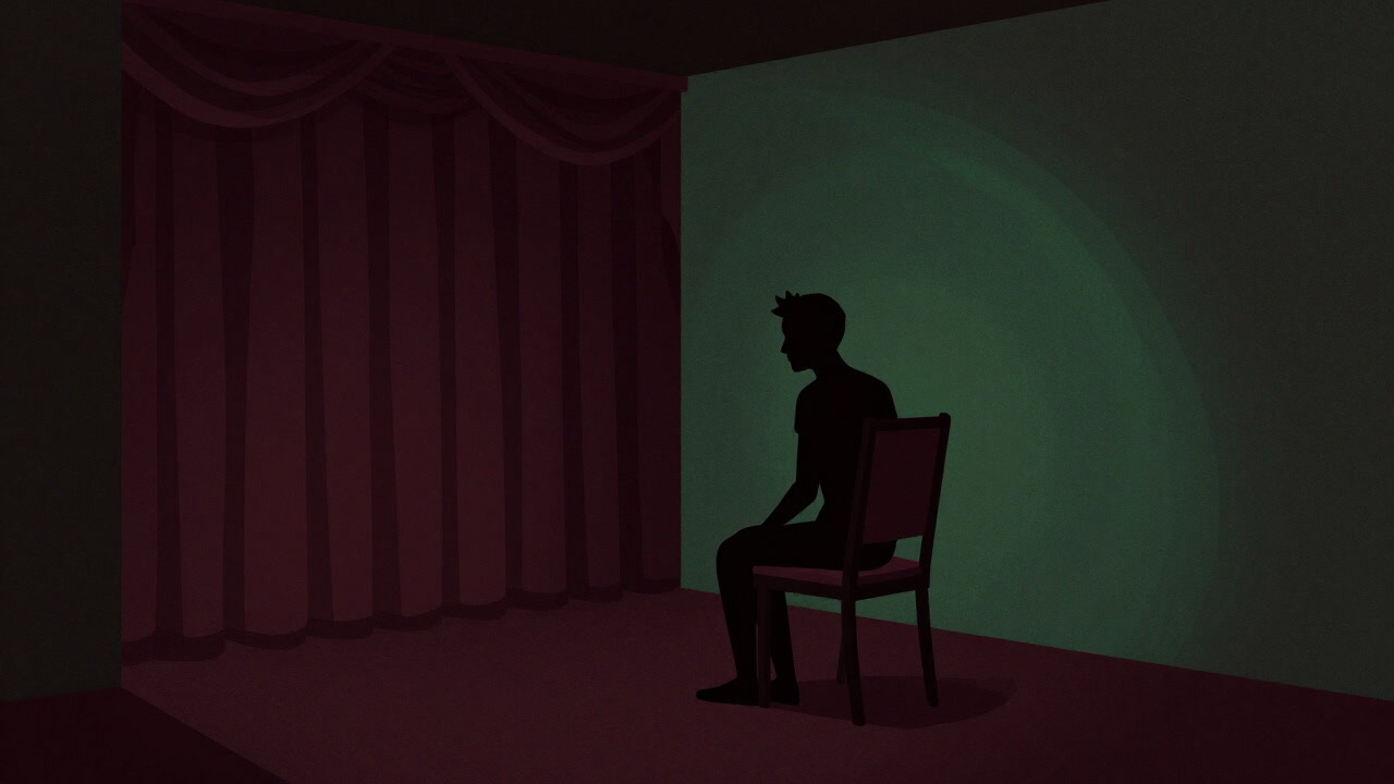Silhouette of a performer sitting anxiously with legs crossed, surrounded by dim green walls backstage