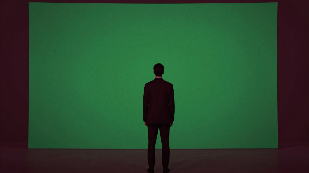 鮮やかな緑の幕を前に虚空を見つめる俳優のシルエットの画像