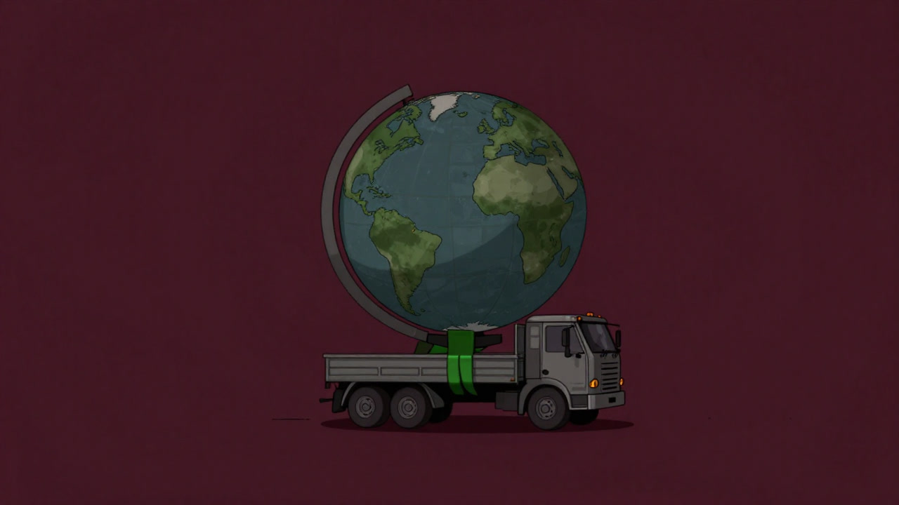 段ボール箱を緑色のリボンで縛り、微笑みながら地球を背負っている運送トラックのイラスト