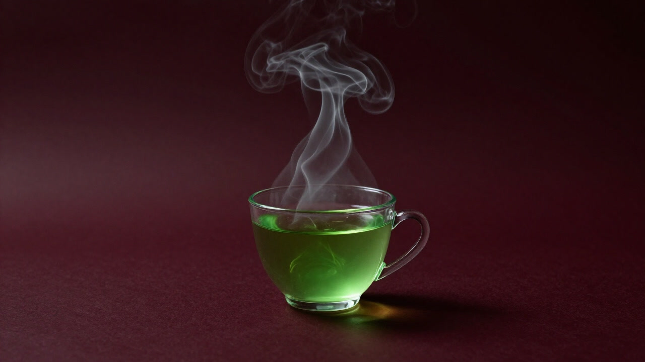 湯呑みから立ち上る蒸気が毒の煙のように見える、怪しく光る緑茶の写真