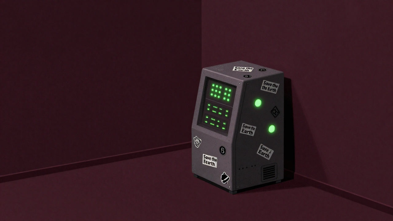 オフィスの一角に置かれた無数の緑色LEDが光る装置が、環境保護の象徴として無言で鎮座している様子