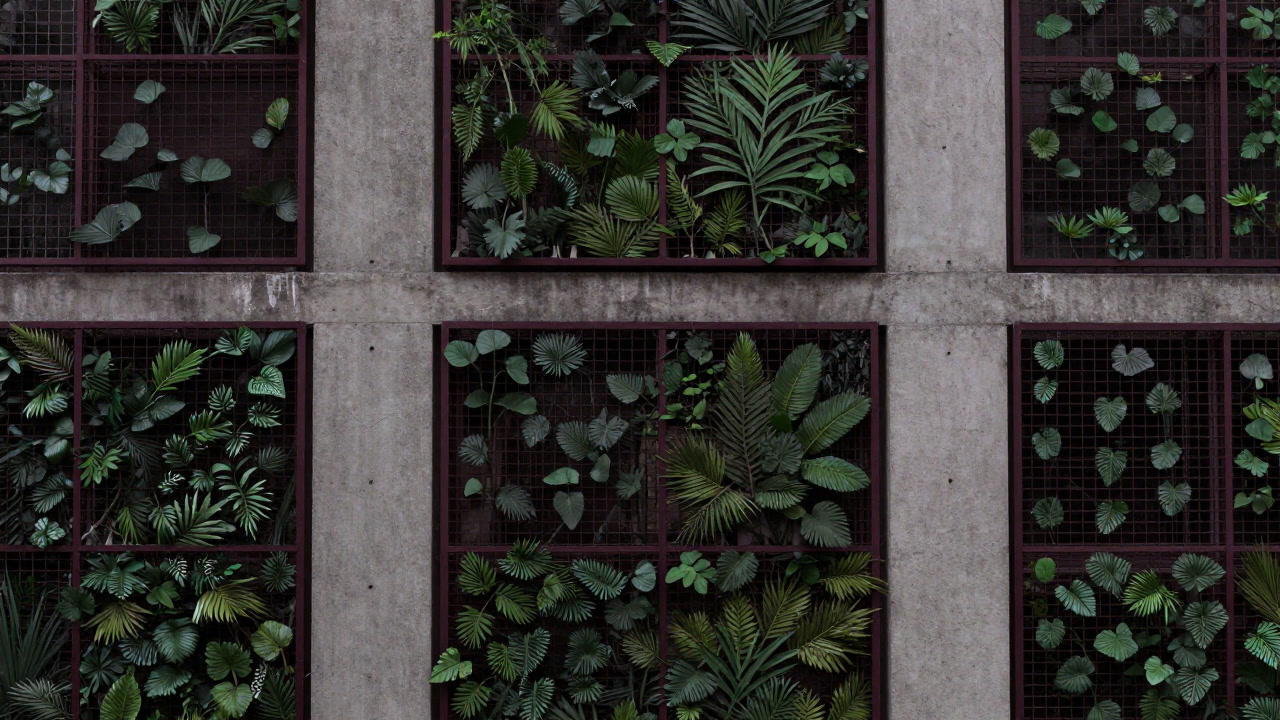 Photo of artificial green plant panels affixed to a concrete wall