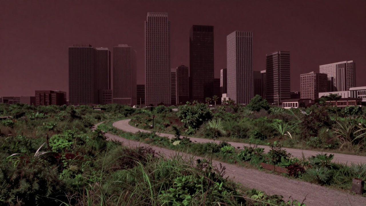 緑の荒れ地が都市部の端に帯状に広がり、背景に高層ビルがそびえる写真