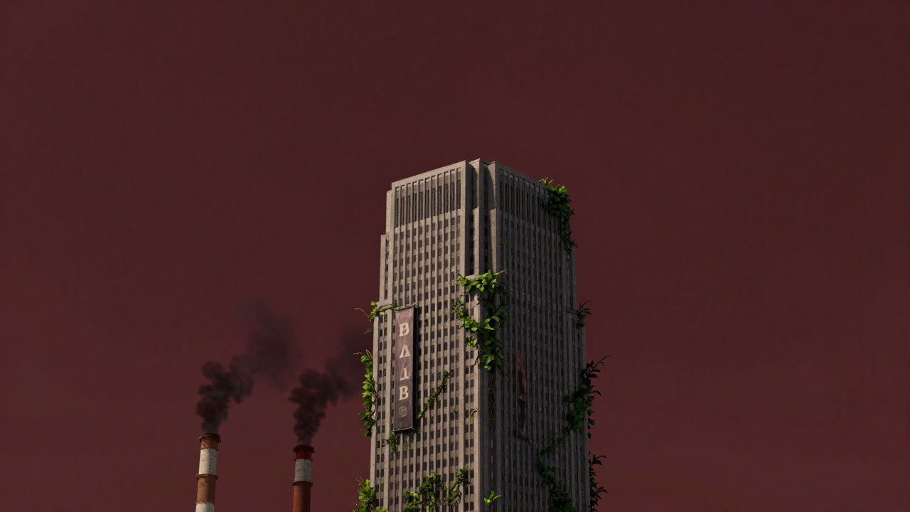 グリーンのイメージで包み隠された企業ビルの写真、背景には排煙が立ち上る