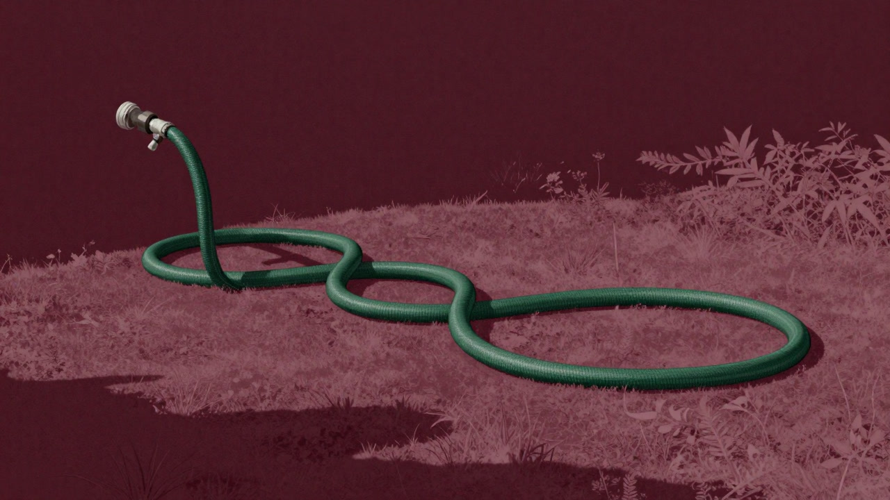 庭を這い回る緑色のホースが、まるで生き物のように絡み合う様子